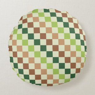 Earthy rainbow diagonal chequerboard pattern round cushion