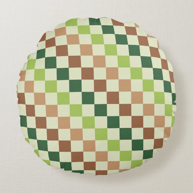Earthy rainbow diagonal chequerboard pattern round cushion (Front)
