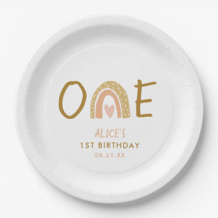 Earthy Rainbow Theme Girl 1st Birthday Paper Plate