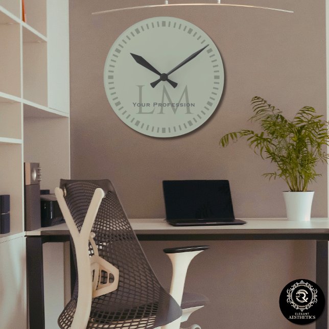Earthy Sage Green Organic Modern Monogram Round Clock (Classic Sage Green Monogram Office Decor Round Clock)