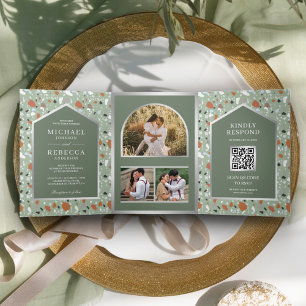 Earthy Sage Green Terrazzo Tile QR Code Wedding Tri-Fold Invitation