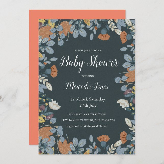 Earthy Scandinavian Nordic Folk Art Floral Invitation (Front/Back)