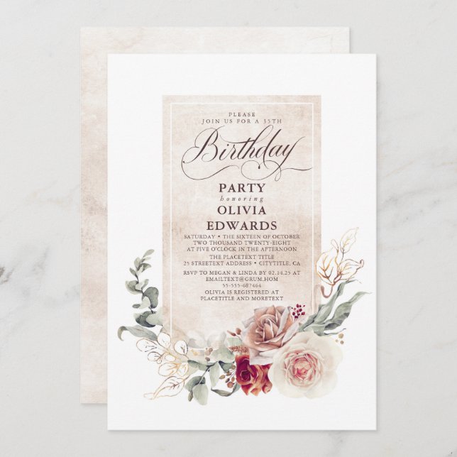 Earthy Shade Flowers Boho Elegant Birthday Party Invitation (Front/Back)