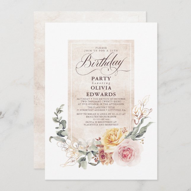 Earthy Shade Flowers Boho Elegant Birthday Party Invitation (Front/Back)