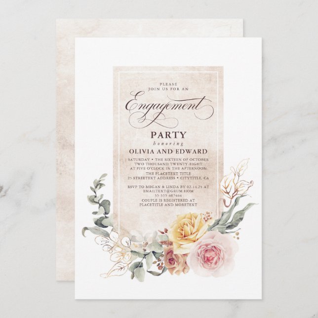 Earthy Shade Flowers Boho Elegant Engagement Party Invitation (Front/Back)