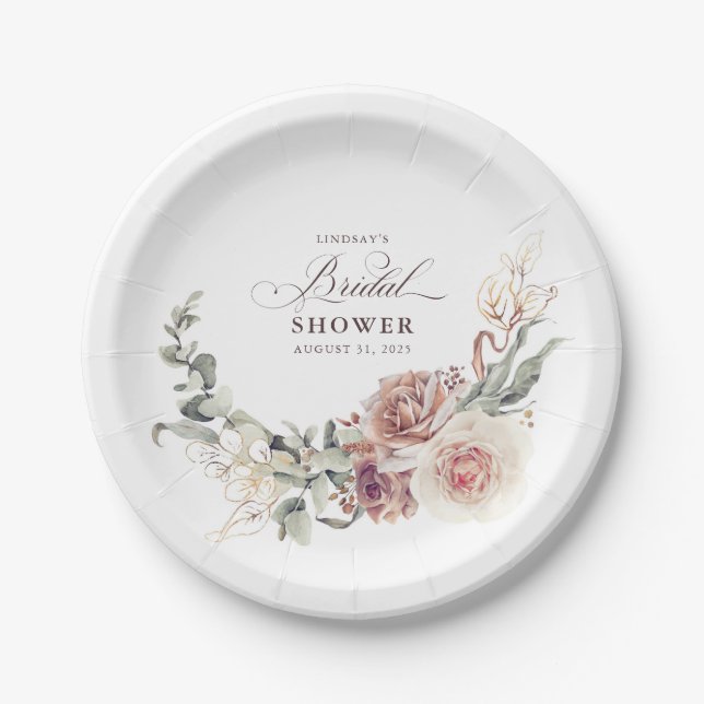 Earthy Shade Flowers Elegant Boho Bridal Shower Paper Plate (Front)