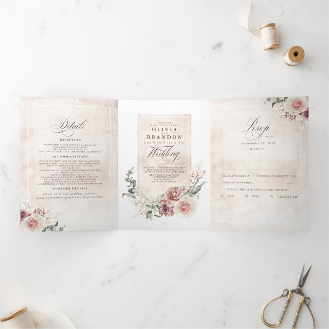 Earthy Shade Flowers Elegant Boho Wedding Tri-Fold Invitation (Inside)