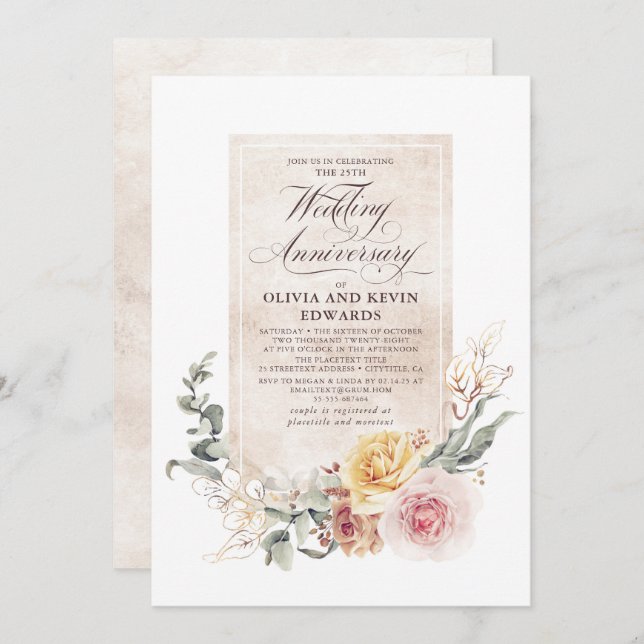 Earthy Shade Flowers Elegant Wedding Anniversary  Invitation (Front/Back)