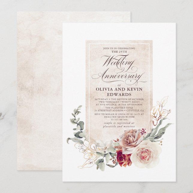 Earthy Shade Flowers Elegant Wedding Anniversary Invitation (Front/Back)