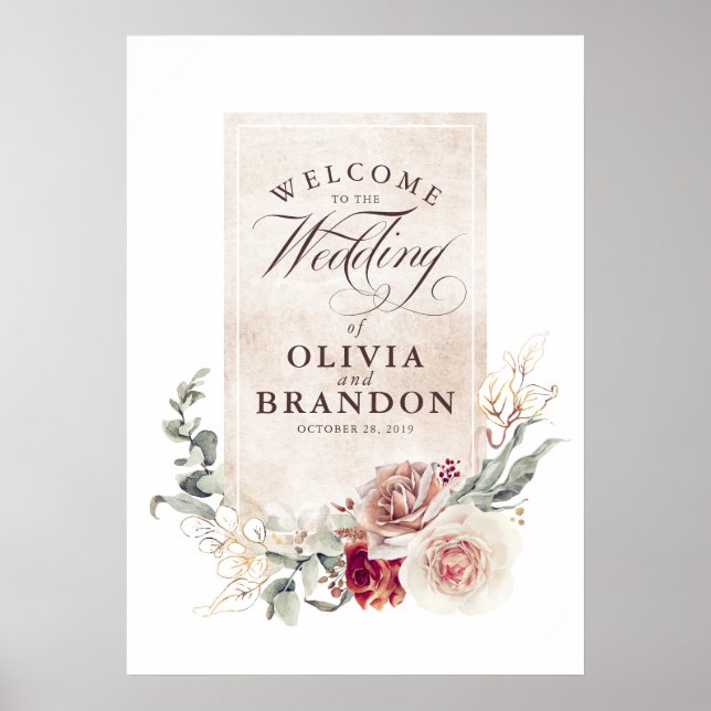 Earthy Shade Flowers Elegant Wedding Welcome Sign (Front)