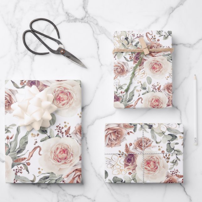 Earthy Shades Floral Botanical Watercolor Pattern Wrapping Paper Sheet (Front)
