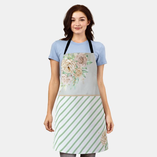 Earthy Shades Flowers Boho Elegant Sage Green Apron (Worn)