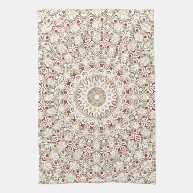 Earthy Taupe and Rust Mandala Pattern Tea Towel (Vertical)