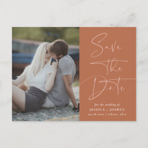 Earthy Terracotta Calligraphy Photo Save the Date Postcard