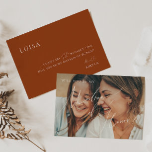Earthy Terracotta Faded Photo Matron of Honour Car Invitation