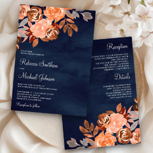 Earthy Terracotta Floral All in One Navy Wedding Invitation