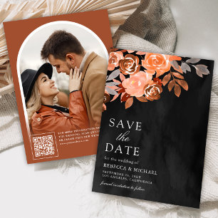 Earthy Terracotta Floral Wedding Photo Black Save The Date