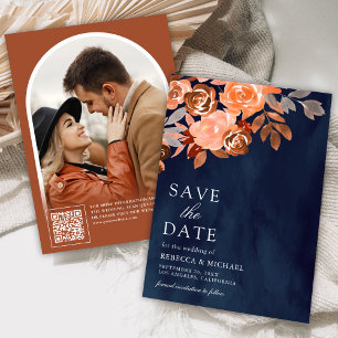 Earthy Terracotta Floral Wedding Photo Navy Blue Save The Date