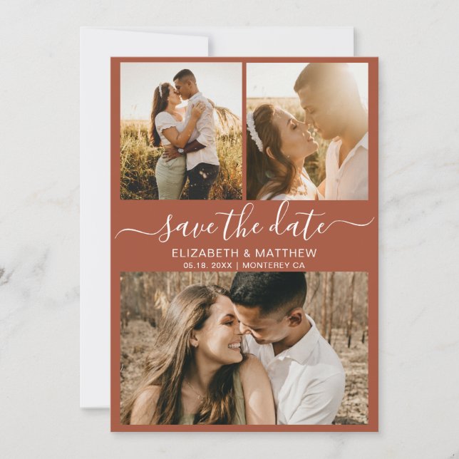 Earthy Terracotta Script Photo Collage Wedding  Save The Date (Front)