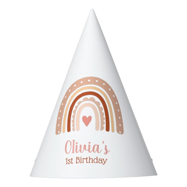 Earthy Tone Boho Rainbow Girls First Birthday  Party Hat (Front)