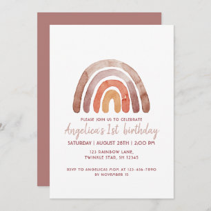 Earthy Tone Watercolor Rainbow 1st Birthday Girl   Invitation