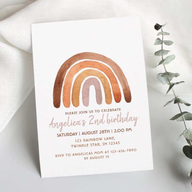 Earthy Tone Watercolor Rainbow 2nd Birthday    Invitation (Creator Uploaded)