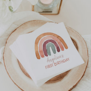 Earthy Tone Watercolor Rainbow First Birthday Napkin
