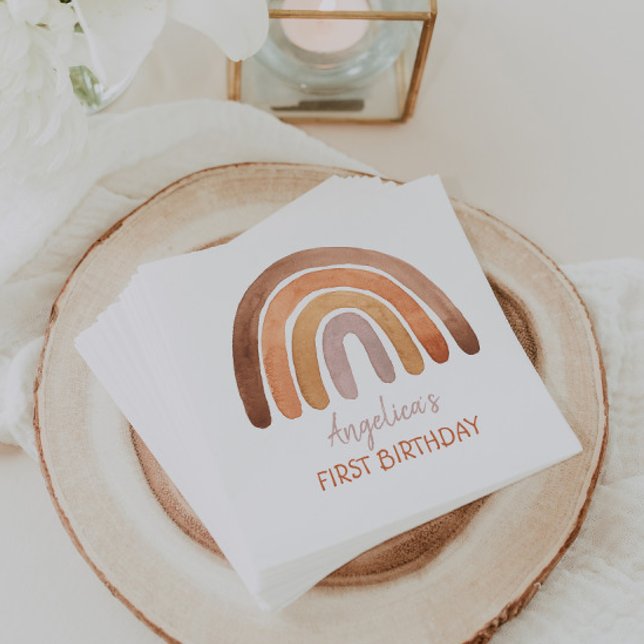 Earthy Tone Watercolor Rainbow First Birthday  Napkin (Creator Uploaded)