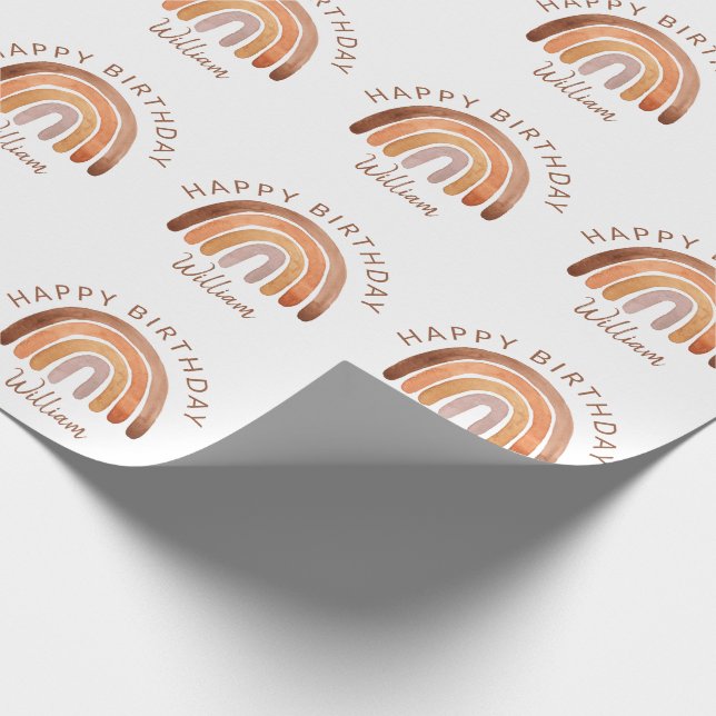 Earthy Tone Watercolor Rainbow Name Birthday   Wrapping Paper (Corner)
