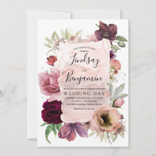 Earthy Tones Burgundy Floral Vintage Wedding Invitation
