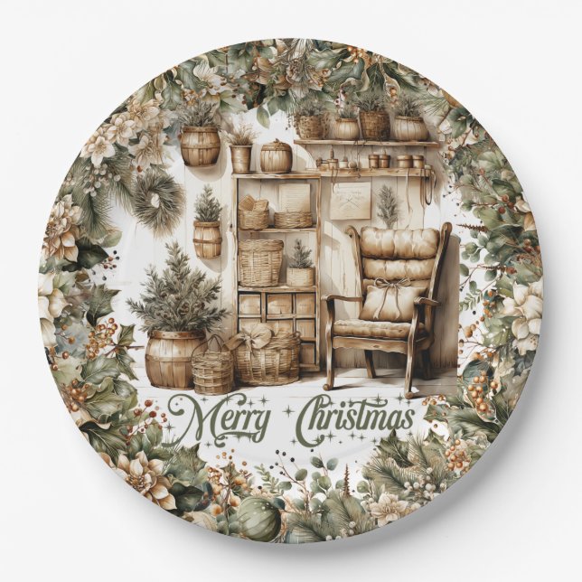 Earthy tones green gold cosy Christmas interior Paper Plate (Front)