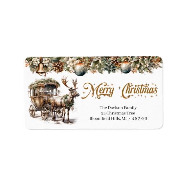 Earthy tones green gold Reindeer and carriage Label (Front)
