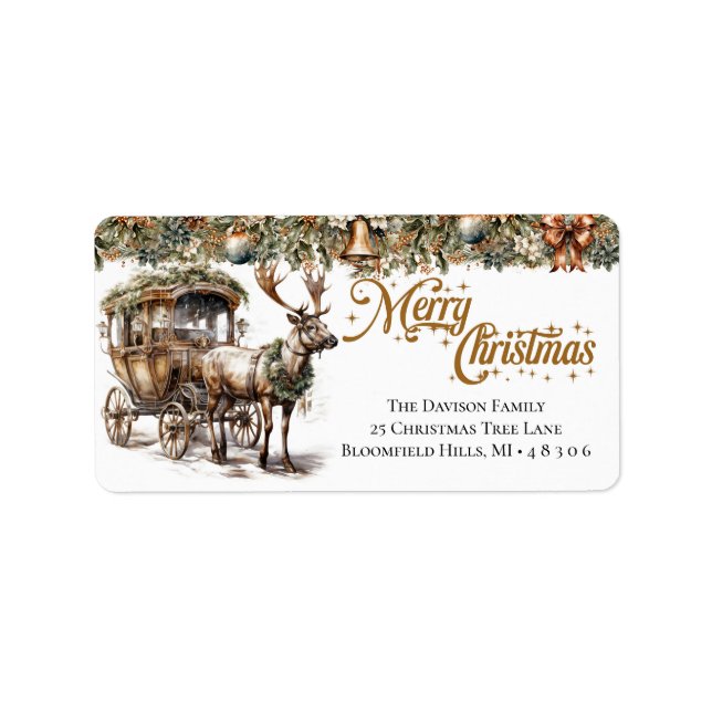 Earthy tones green gold Reindeer and carriage Label (Front)
