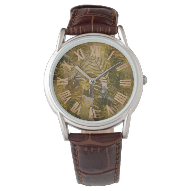 Earthy Tropical Leaves Pattern Men's  Watch (Front)