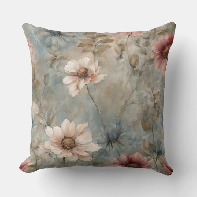 Earthy Warm Blue Floral Print Cushion (Front)