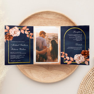 Earthy Watercolor Floral Terracotta Navy Wedding Tri-Fold Invitation