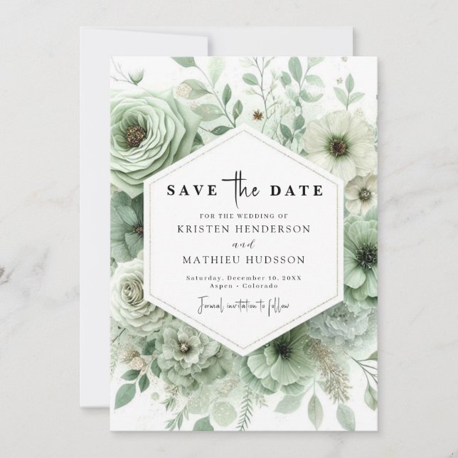 Earthy Whimsical Watercolor Sage Green Wedding Save The Date (Front)