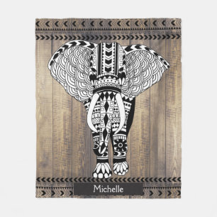 Earthy Wooden Planks Tribal Patterned Elephant Fleece Blanket