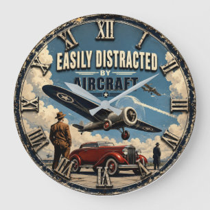 Easily Distracted by Aircraft Vintage Warbird Large Clock