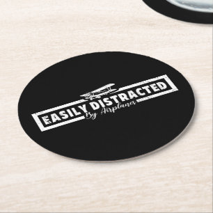 Easily Distracted By Airplanes, Funny Pilot Saying Round Paper Coaster