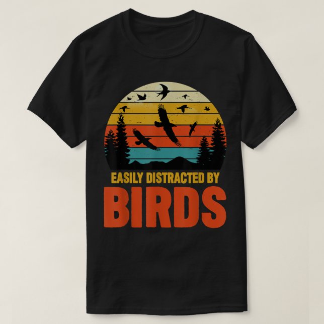 Easily Distracted by Birds Retro Sunset Bird Lover T-Shirt (Design Front)