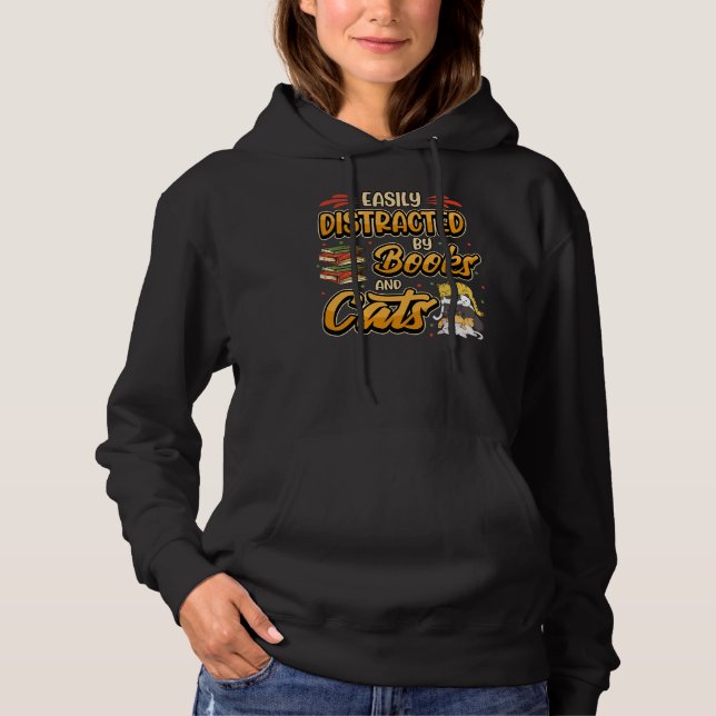 Easily distracted by books and cats Bookworm Book Hoodie (Front)
