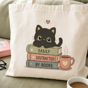 Easily Distracted by Books Cute Black Cat Tote Bag