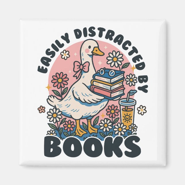 Easily Distracted by Books Cute Goose Bookworm Magnet (Front)
