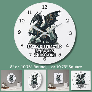 Easily Distracted By Books & Dragons Large Clock