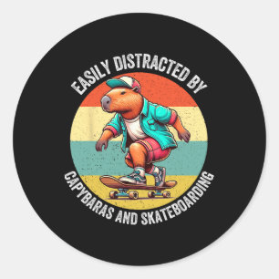 Easily Distracted By Capyras And Skateboarding Men Classic Round Sticker