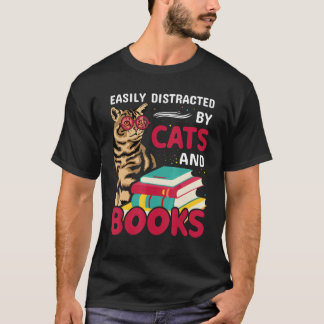 Easily Distracted by Cats and Books Cat and Book L T-Shirt