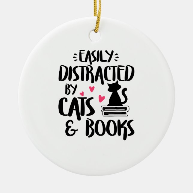 Easily Distracted by Cats and Books - Cat & Book L Ceramic Ornament (Front)