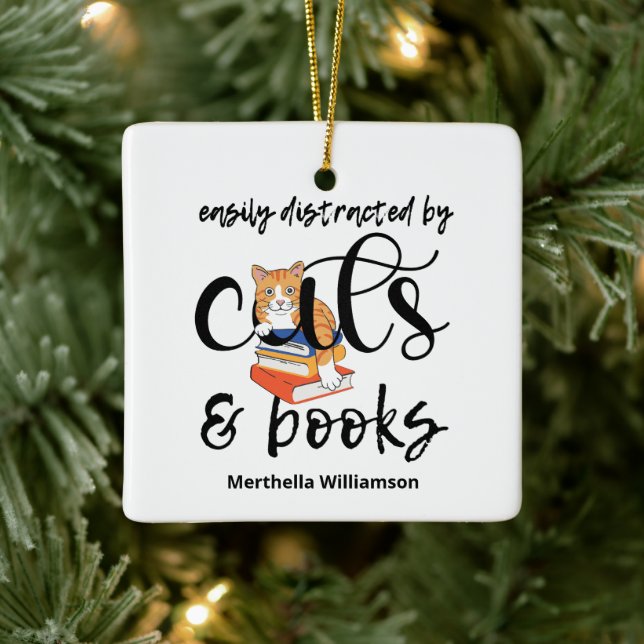 EASILY DISTRACTED BY CATS AND BOOKS CERAMIC ORNAMENT (Tree)