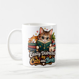 Easily Distracted by Cats and Books Cute Cat Lover Coffee Mug